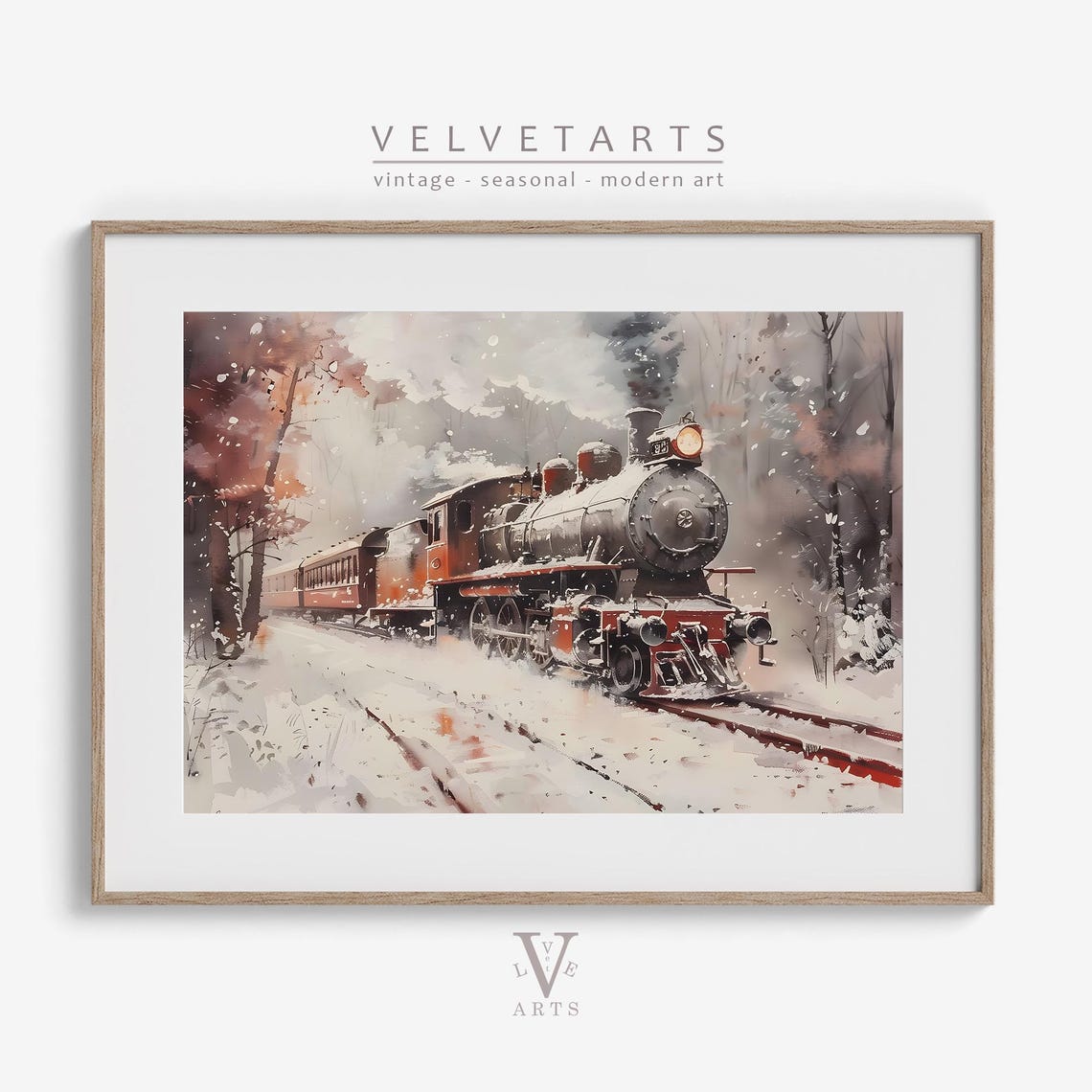 Vintage Red Steam Train Traveling Through a Snowy Forest Poster