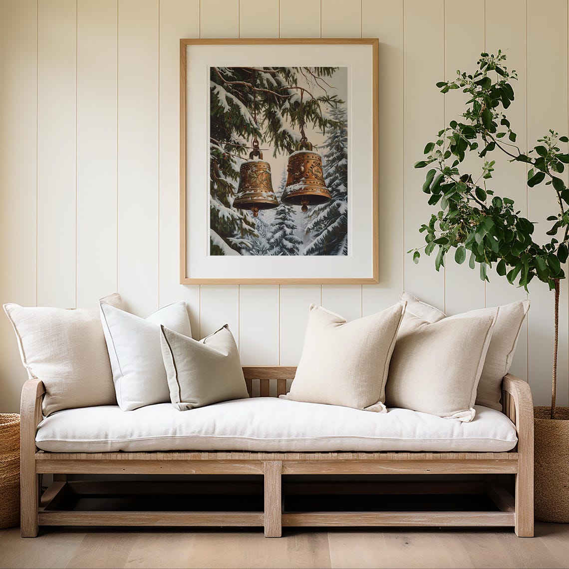 Antique Bronze Christmas Bells Hanging on Snowy Pine Branches Poster - Image 4