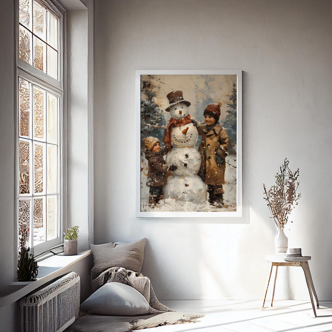 Children Building a Snowman With Top Hat in Falling Snow Poster - Image 2