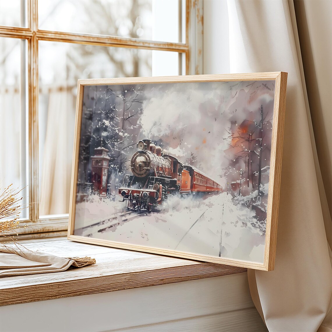 Vintage Steam Train Snowy Winter Landscape Christmas Wall Art Poster - Image 2