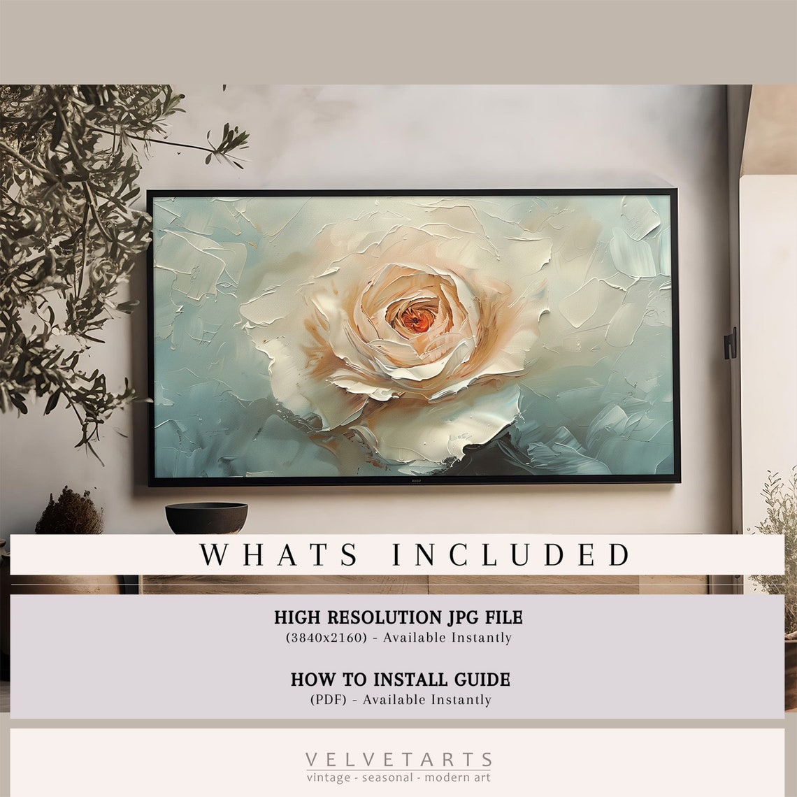 Cream Rose On Blue Grey Textured Vintage Floral Painting Wall Art - Image 4