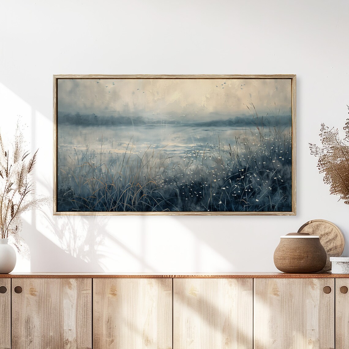 Misty Lake Dawn Wildflower Meadow Vintage Landscape Painting Wall Art - Image 3