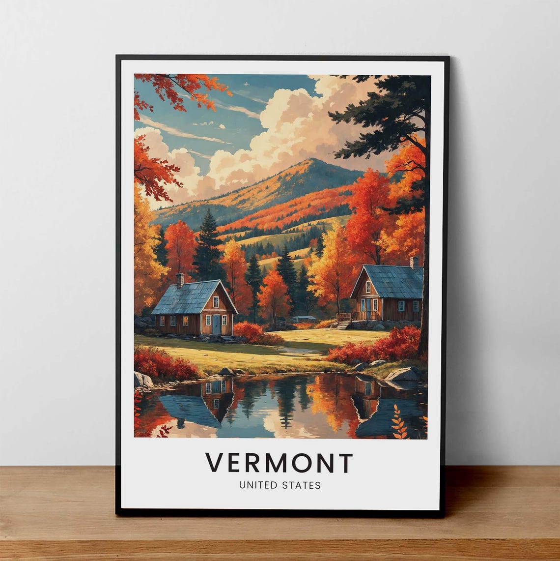 Vermont Autumn Cabins Mountain Lake Fall Foliage Landscape Poster