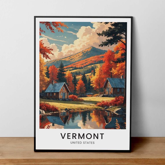 Vermont Autumn Cabins Mountain Lake Fall Foliage Landscape Poster