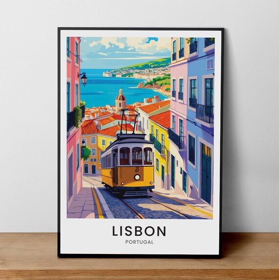 Lisbon Yellow Tram 67 Colourful Street Coastal City Portugal Travel Poster