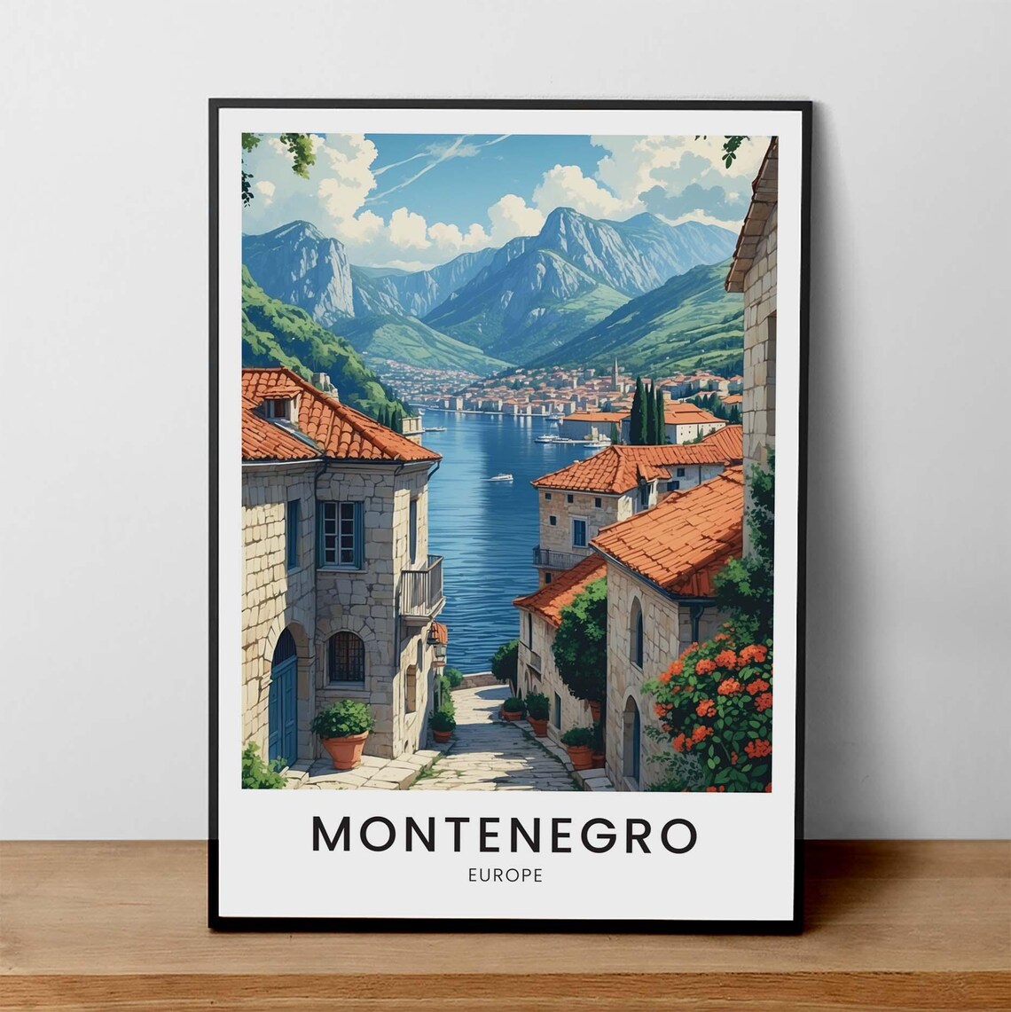 Montenegro Bay of Kotor Red Rooftop Coastal Town Travel Poster