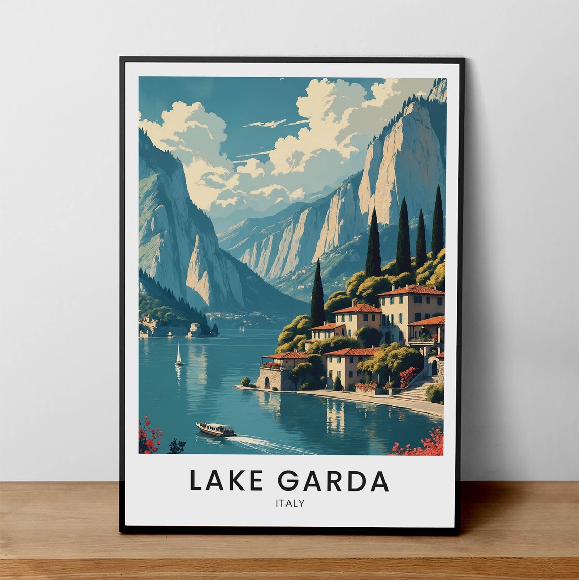 Lake Garda Italy Alpine Lake Villa Village Vintage Travel Poster