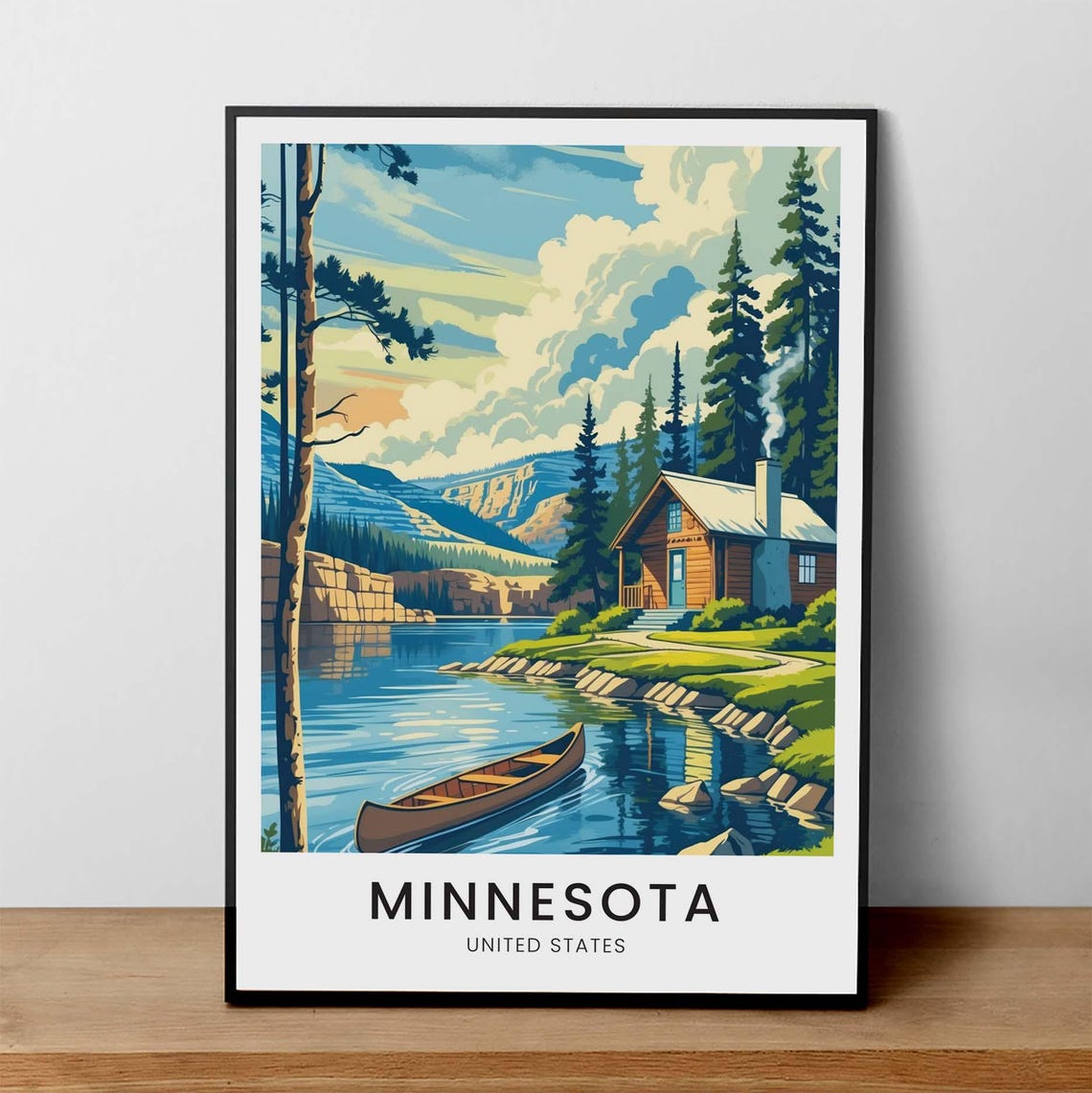 Minnesota Rustic Lake Cabin Canoe Vintage Northwoods Travel Poster