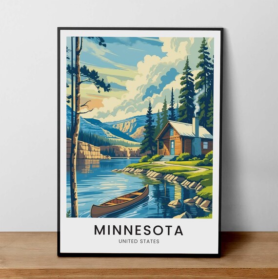 Minnesota Rustic Lake Cabin Canoe Vintage Northwoods Travel Poster