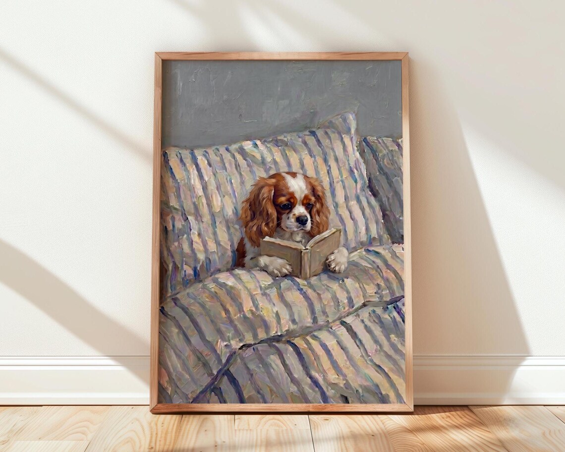 Cocker Spaniel in Bed, Dog Reading Book Art Print