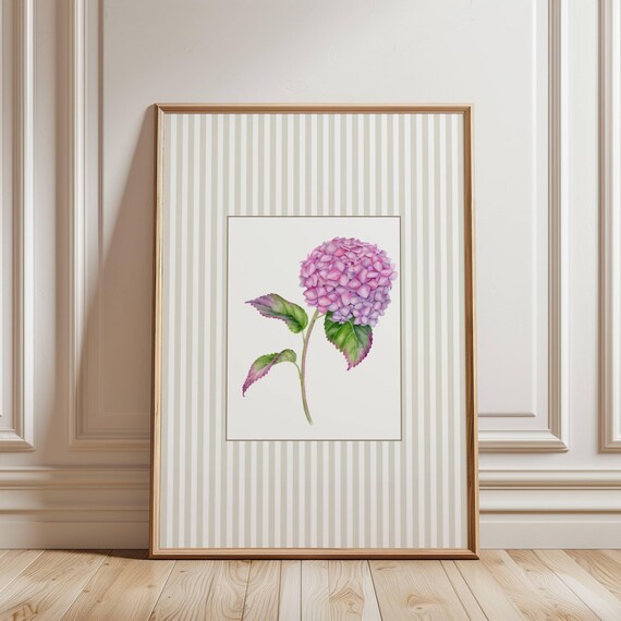 Pink Hydrangea Bloom Soft Watercolor Striped Botanical Wall Art