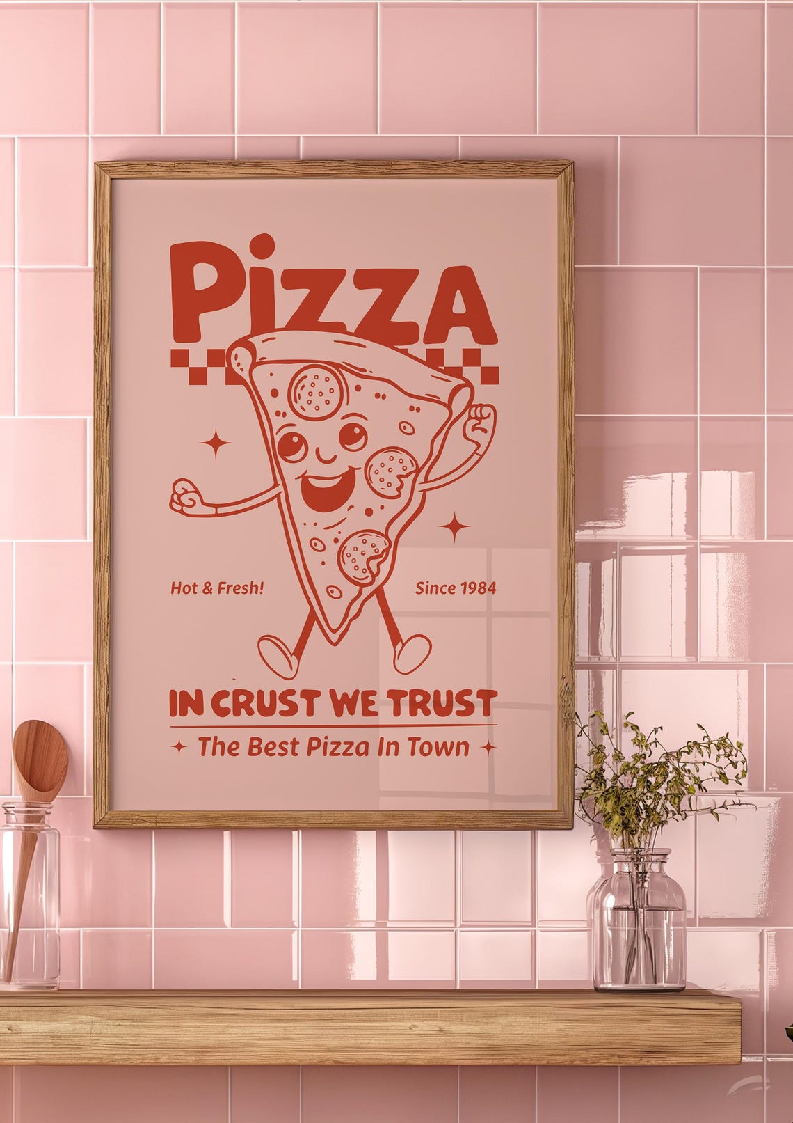Retro Pizza Mascot Pink Monochrome Since 1984 Pizzeria Kitchen Poster