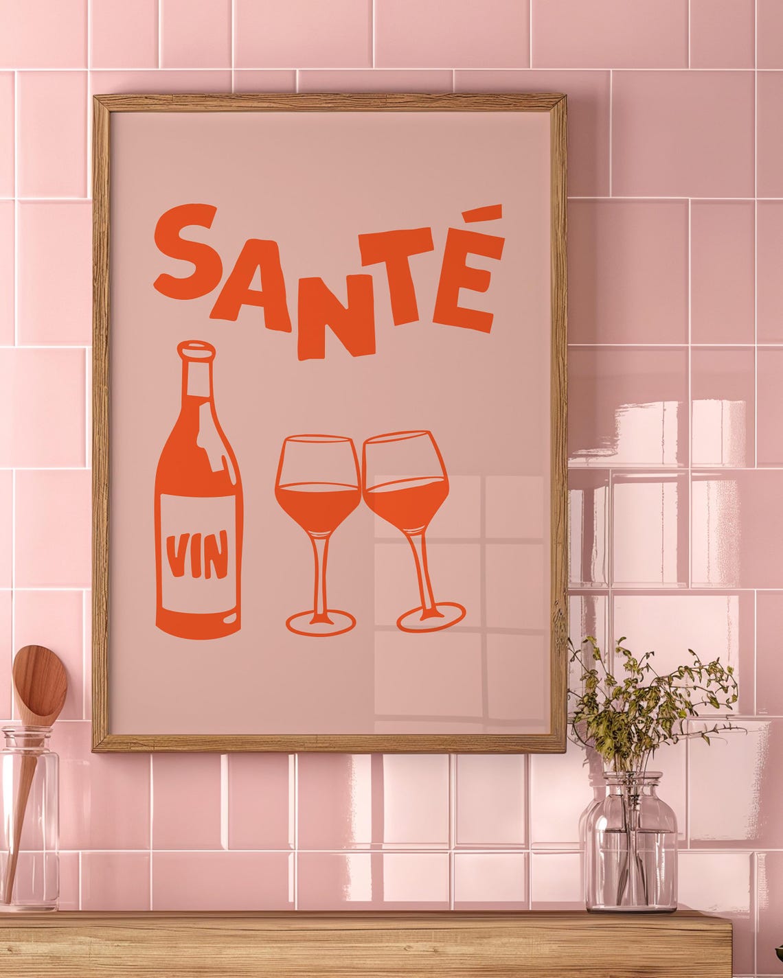 Sante Orange Wine Bottle Glasses Pink Background Kitchen Bar Poster - Image 2