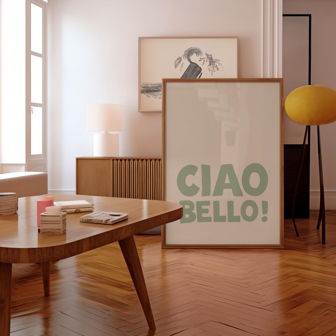Ciao Bello Sage Green Italian Greeting Retro Typography Art Print - Image 2