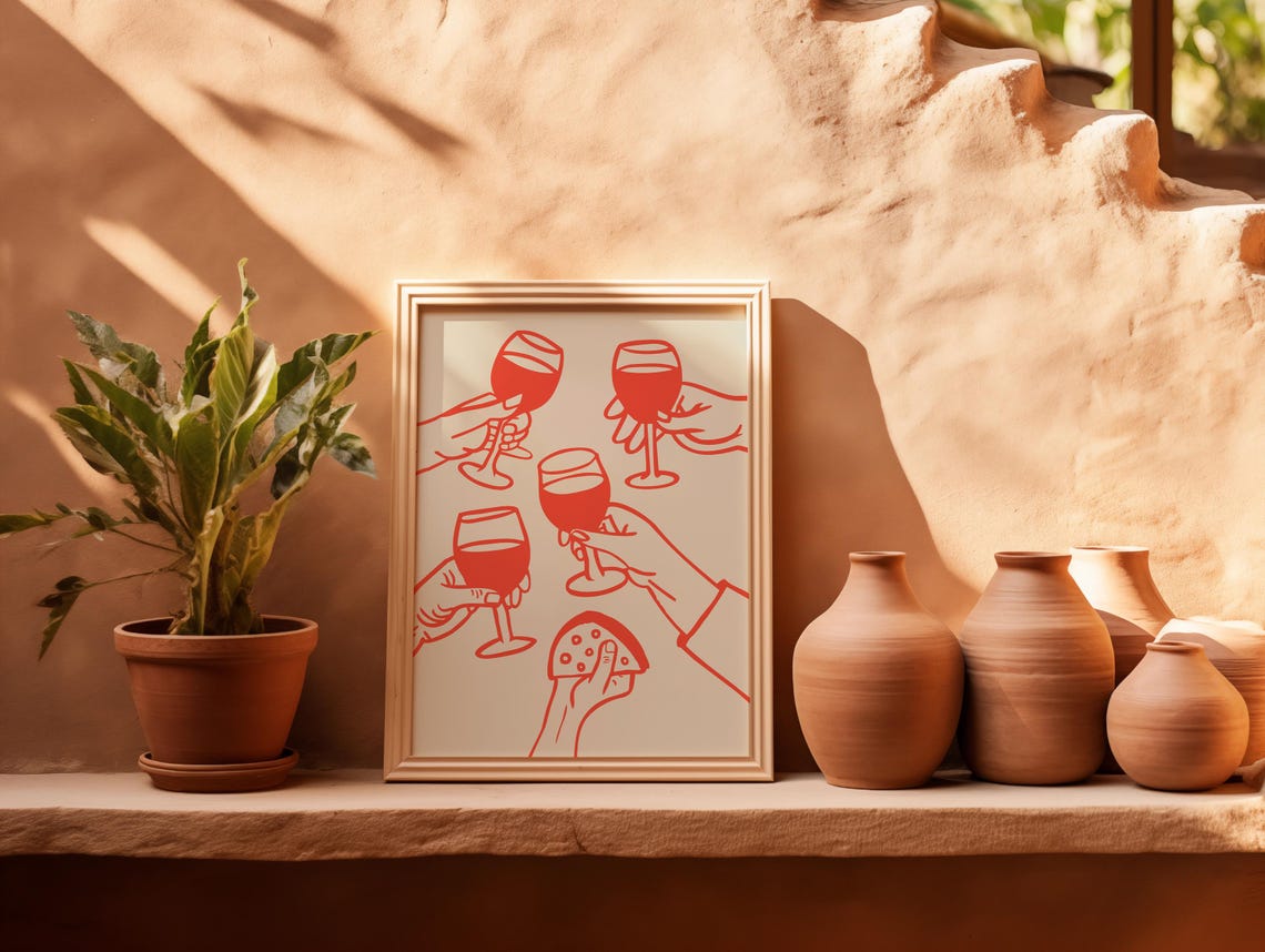 Bold Red Line Art Wine Toast Cheers with Cheese Kitchen Poster - Image 3