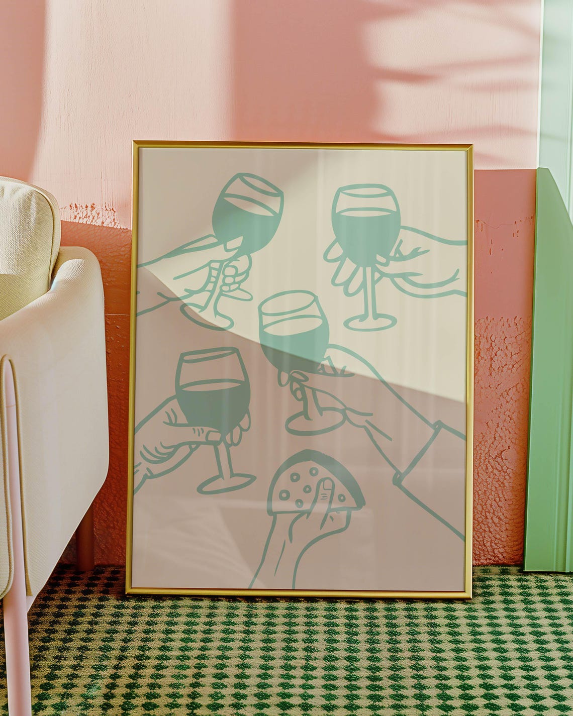 Cheers Mint Green Toasting Hands Wine Glasses Cheese Wedge Art Poster - Image 3
