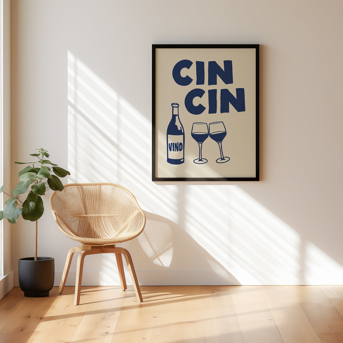 Cin Cin Navy Blue Wine Toast Bottle Vino Cream Vintage Bar Cart Poster