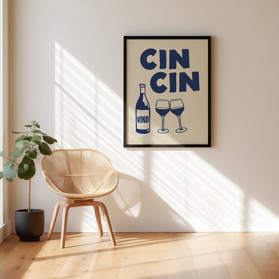 Cin Cin Navy Blue Wine Toast Bottle Vino Cream Vintage Bar Cart Poster