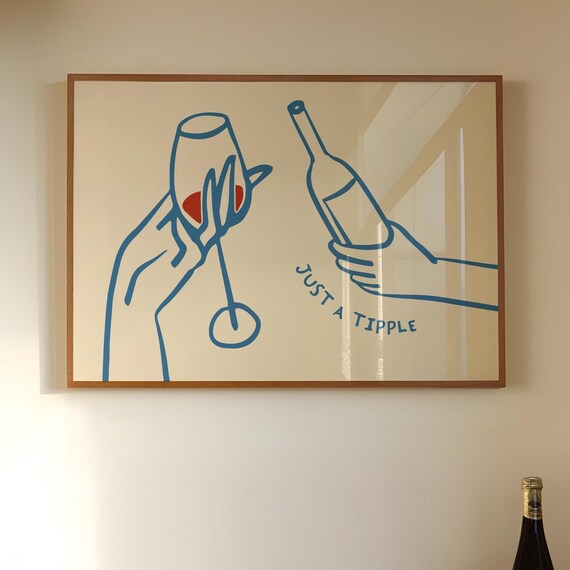 Funny Wine Print Just A Tipple Bar Cart Art Minimalist Kitchen Poster Red Illustration Quote Gift