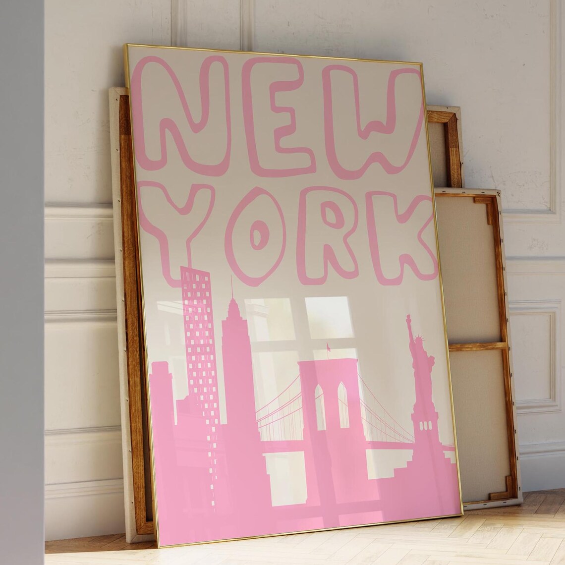 Pink New York Skyline Brooklyn Bridge Danish Pastel Art Poster