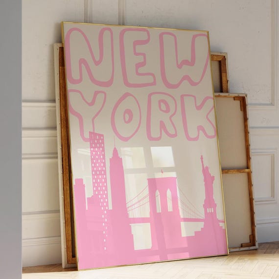 Pink New York Print Danish Pastel Wall Art Preppy Nyc Poster Cute Apartment Decor Girly Dorm Trendy Cityscape