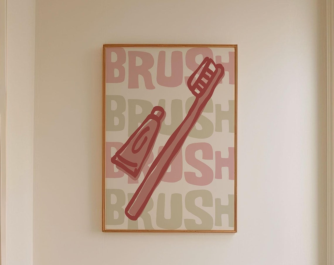 Brush Your Teeth Toothbrush Red Repeat Typography Bathroom Print