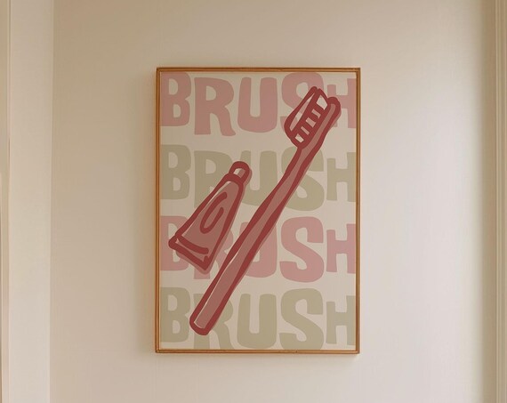 Toothbrush Art Print Retro Bathroom Poster Cute Bathroom Quote Print Trendy Bathroom Wall Art Vintage Bathroom Decor Wall Art Red