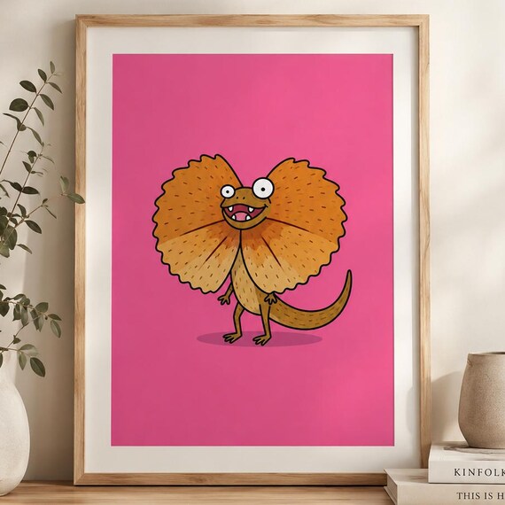 Cartoon Frilled Neck Lizard Big Frill Energy Pink Funny Art Print