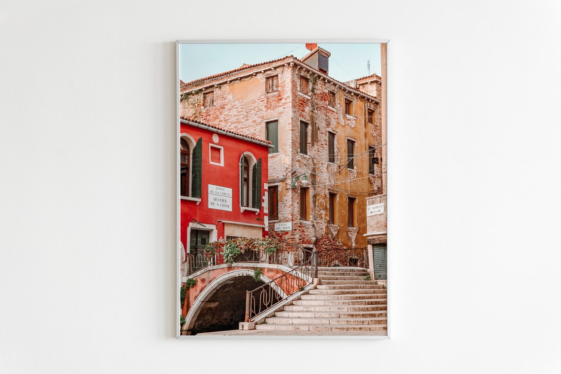 Venice Canal Bridge with Red House and Stone Steps Photography Poster - Image 2