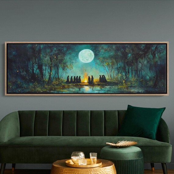 Moonlit Forest Ritual Bonfire Hooded Figures Mystical Night Poster