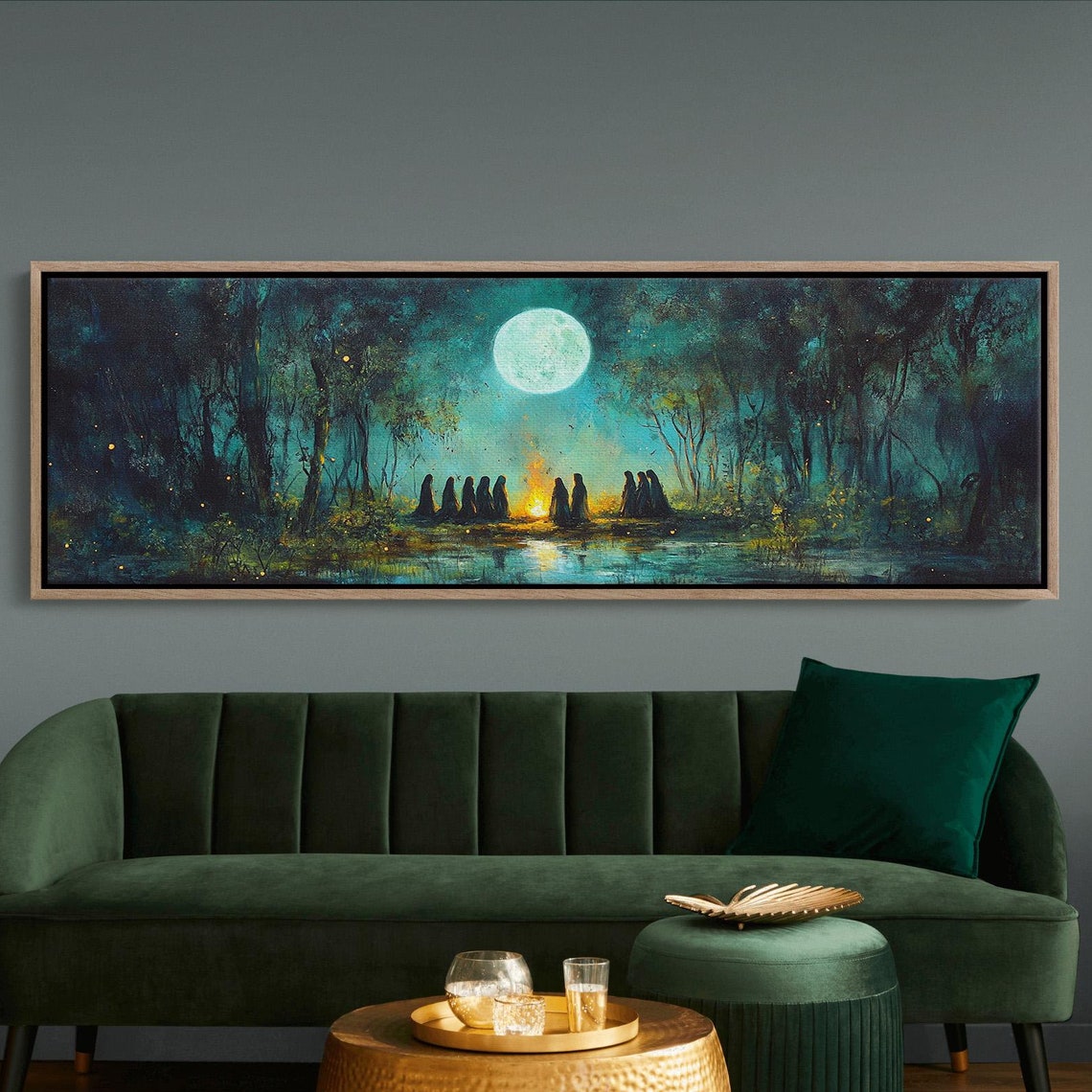 Moonlit Forest Ritual Bonfire Hooded Figures Mystical Night Poster