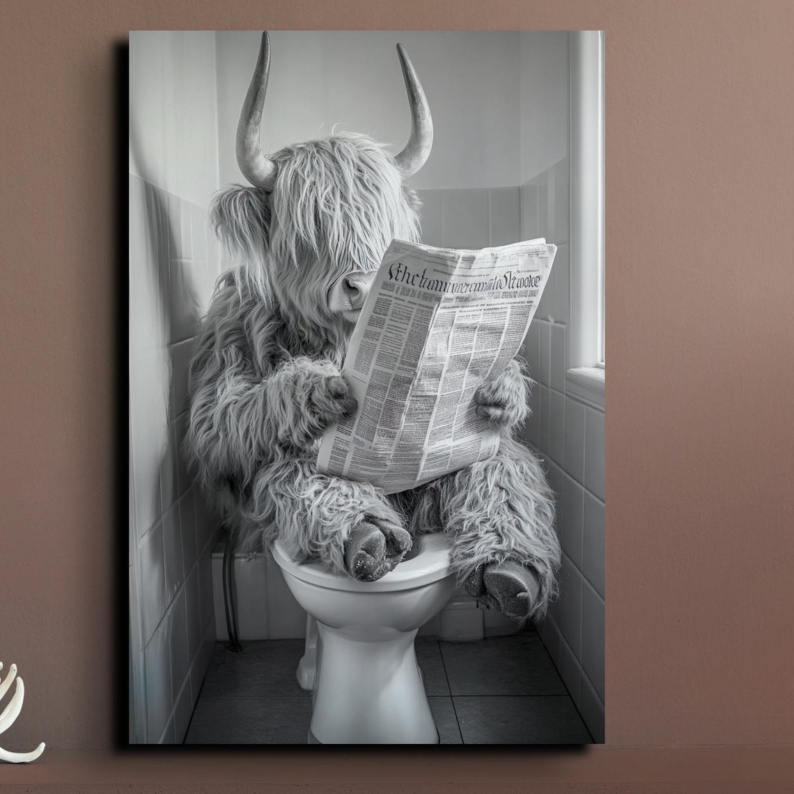 Highland Cow Reading Newspaper On Toilet Funny Bathroom Art Poster