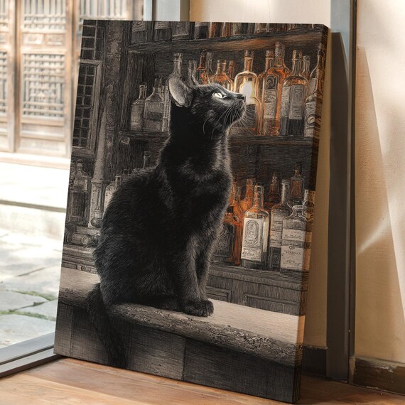 Black Cat In Vintage Bar Glowing Amber Bottles Sketch Art Poster