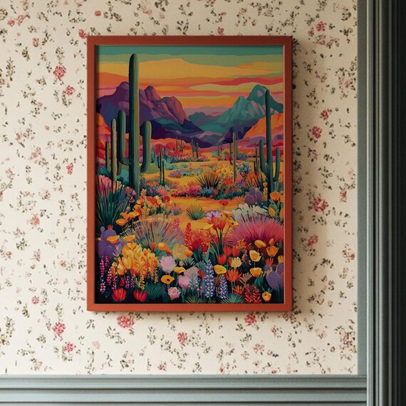 Colorful Desert Bloom Wildflowers Cactus Mountains Art Poster