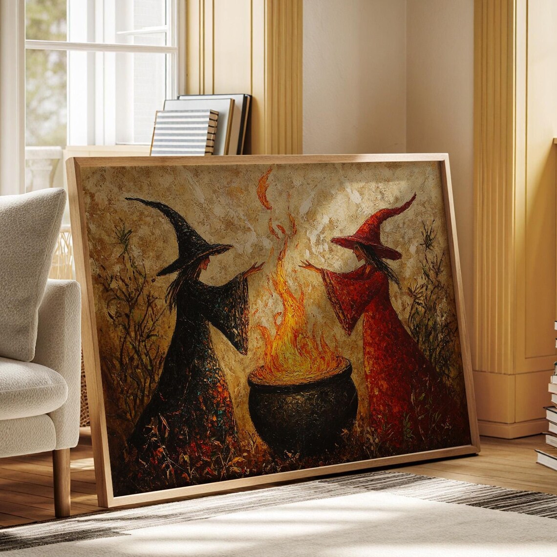 Mystical Witch Sisters Casting Fire Spell, Halloween Art Print