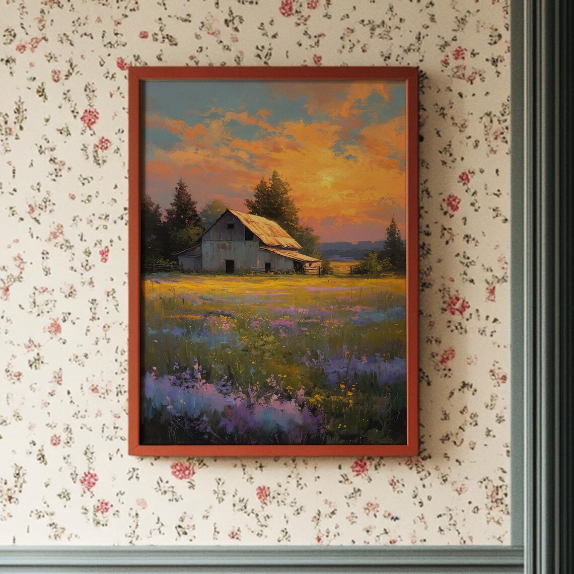 Sunset Barn Golden Field Wildflowers Rustic Farm Painting Poster