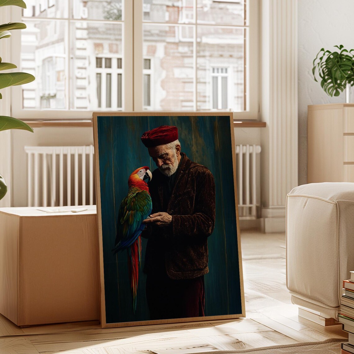 Elderly Man Holding Scarlet Macaw Portrait Painting Art Poster