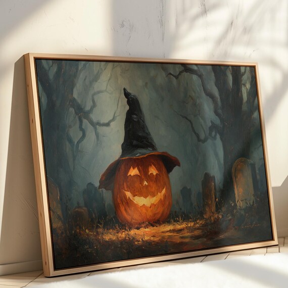Halloween Jack O Lantern Witch Hat Spooky Graveyard Night Poster