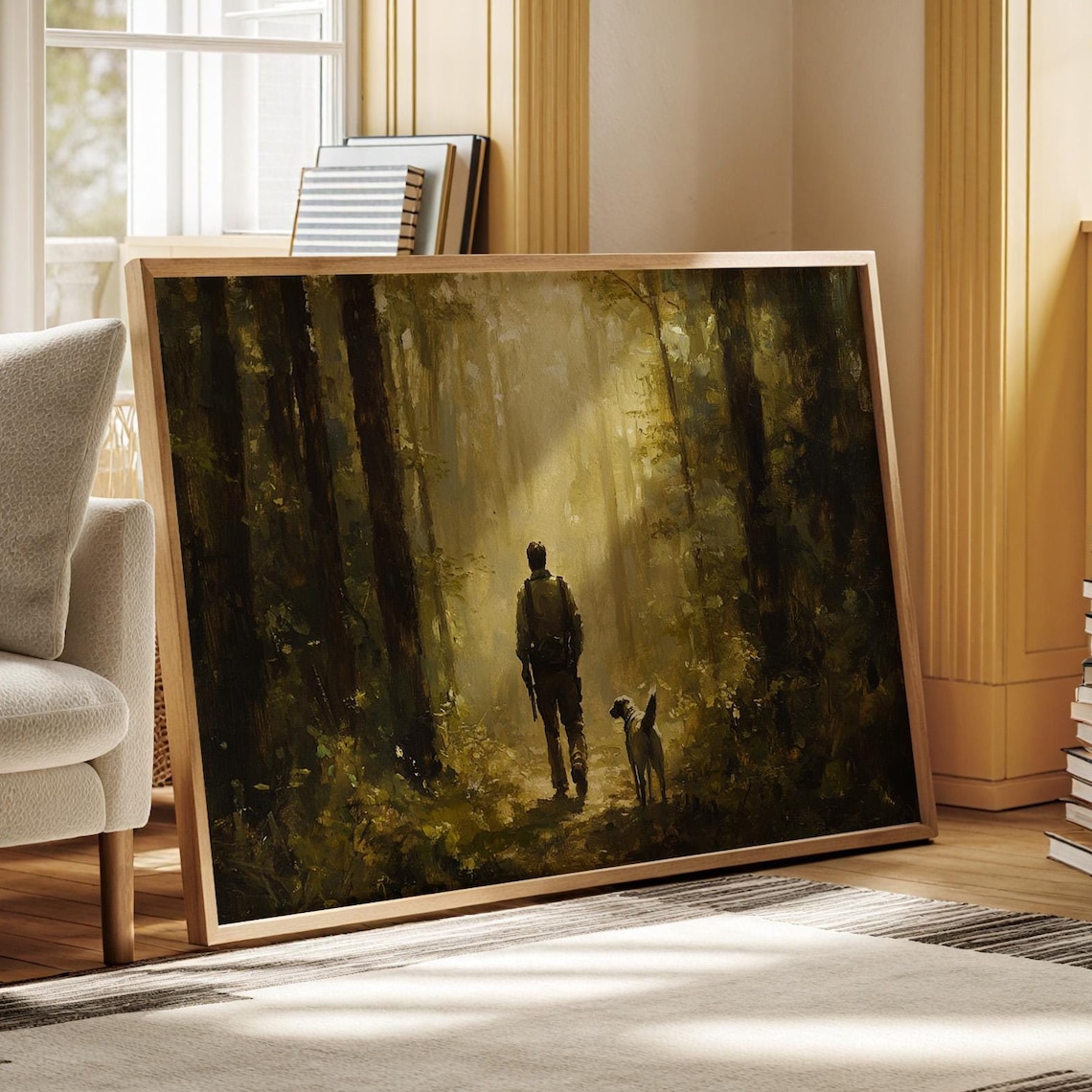 Man And Dog Walking Sunlit Forest Trail Adventure Painting Poster