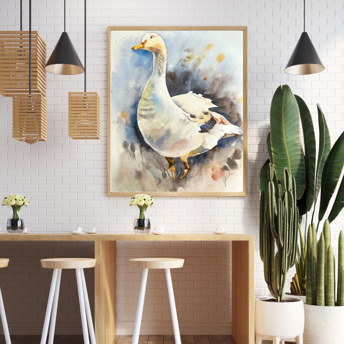 Graceful White Goose in a Soft Blue Wash Watercolor Bird Poster - Image 4
