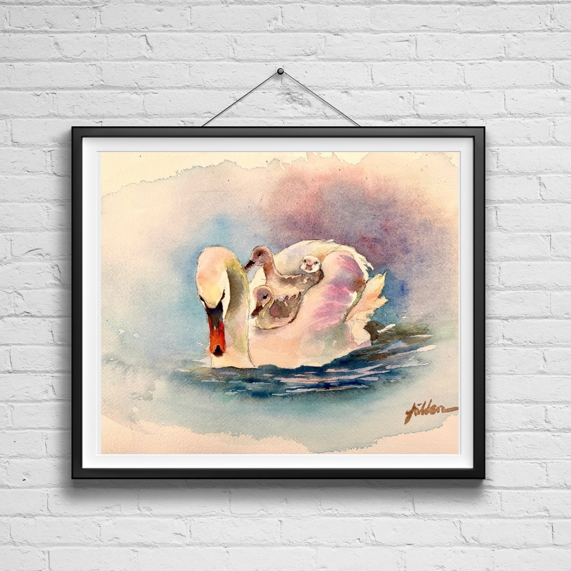 White Swan With Three Cygnets on Back Watercolor Lake Bird Poster - Image 2
