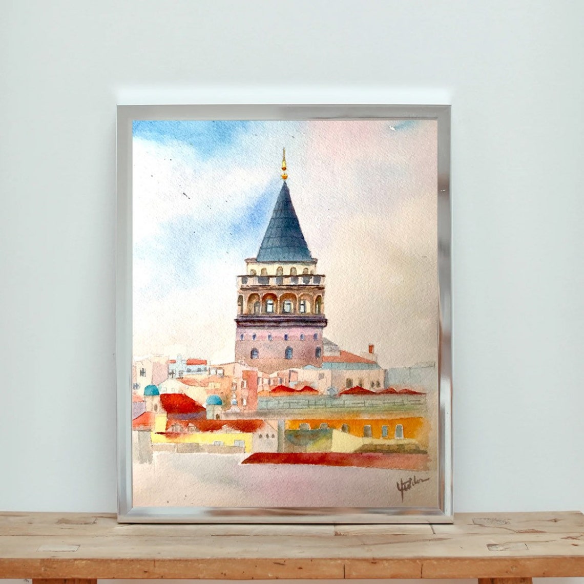 Historic Galata Tower Over Istanbul Rooftops Watercolor Poster - Image 3