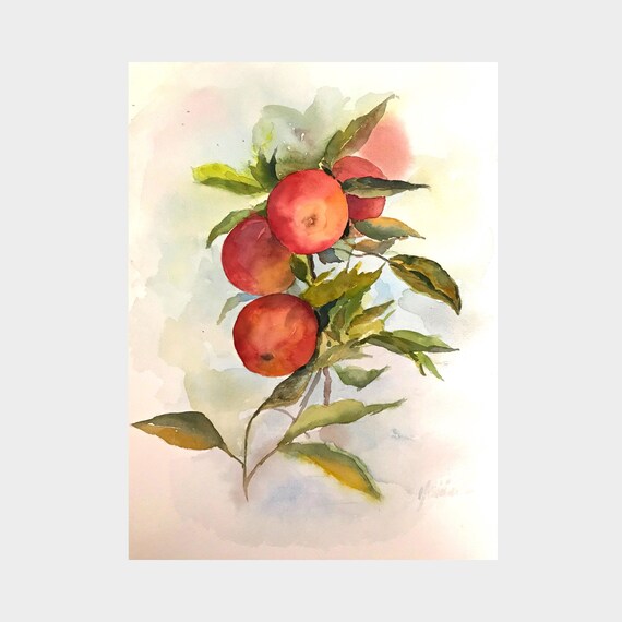 Fruits Original Watercolor Apples Aquarelle Originale Handmade Watercolor Original Watercolor Painting Kitchen Wall Decor 10x14 In