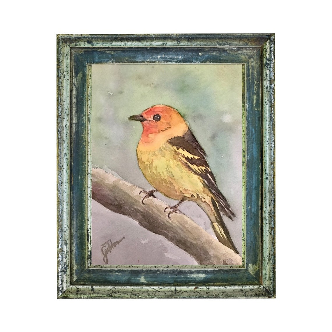 Western Tanager Songbird on Branch Watercolor Bird Art Poster - Image 2