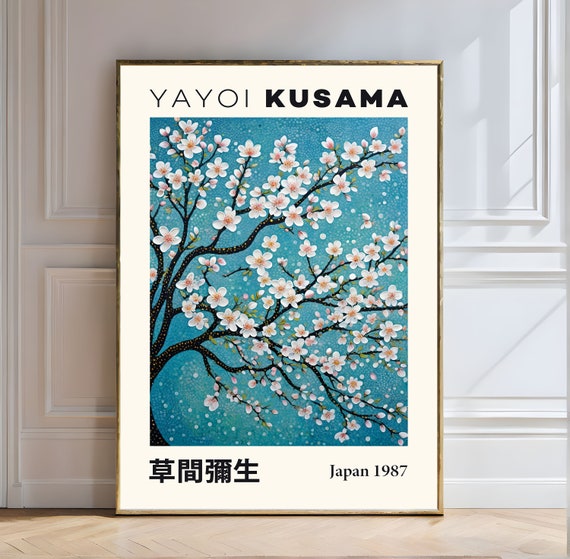 Yayoi Kusama Print Japanese Cherry Blossom Kusama Cherryblossom Sakura Japaneseart Bluebackground Springart Floraldesign Artprint