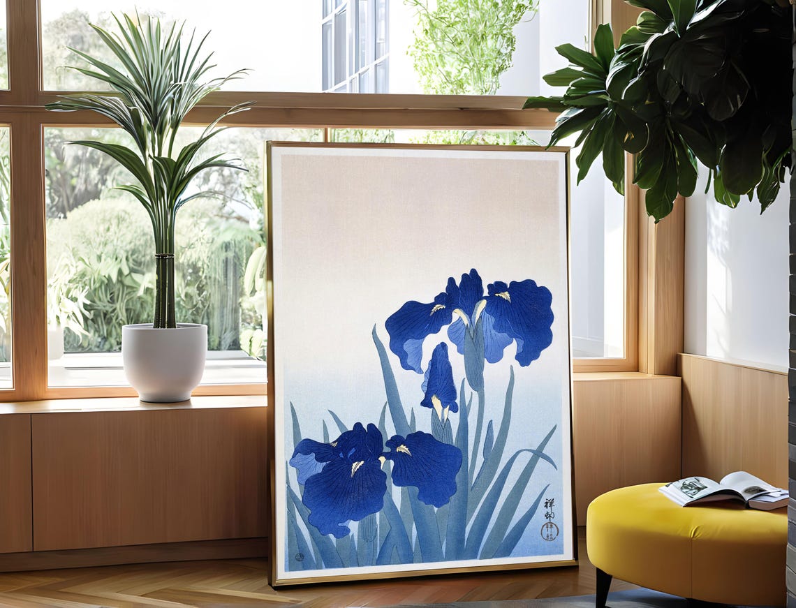 Ohara Koson Blue Iris Flowers Japanese Woodblock Style Art Poster - Image 3