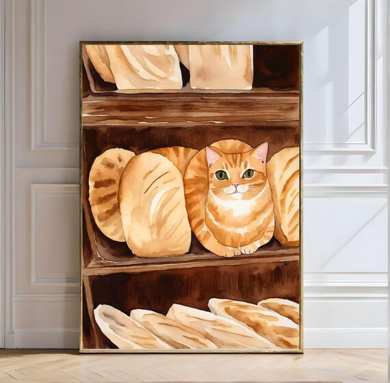 Ginger Cat Loaf Nestled Among Bread Loaves Watercolor Art Poster