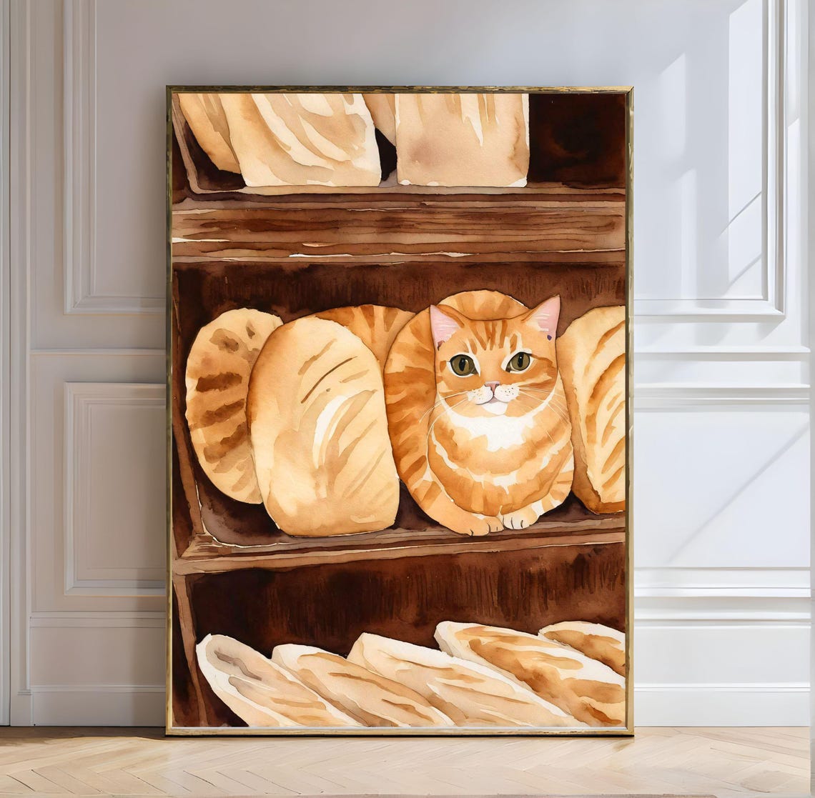 Ginger Cat Loaf Nestled Among Bread Loaves Watercolor Art Poster