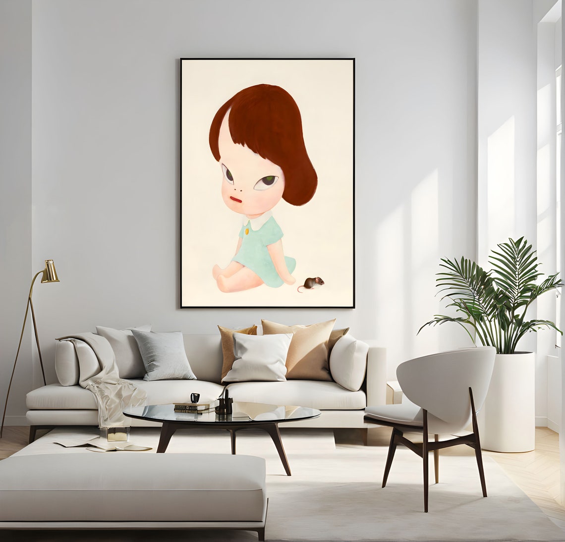 Yoshitomo Nara Girl with Mouse Mint Dress Suspicious Eyes Wall Art - Image 2