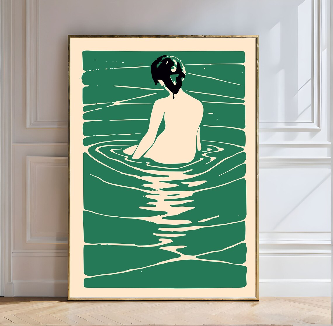 Japanese Woodblock Woman Bathing Emerald Water Minimalist Poster